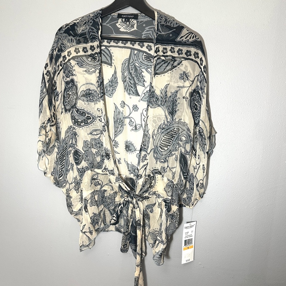 NWT Blue Heaven Tie Front Sheer Printed Kimono Tunic Cover-Up Blouse